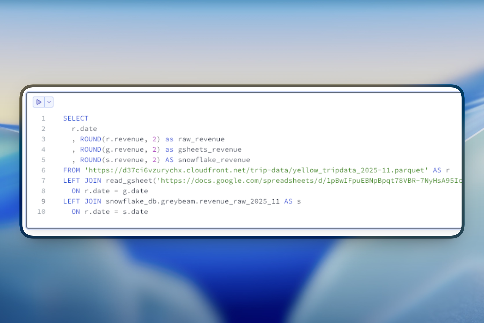 SQL query showing joining across data sources.