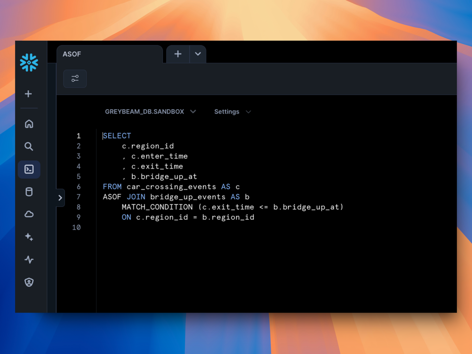 A sample SQL query using ASOF JOIN in Snowflake.