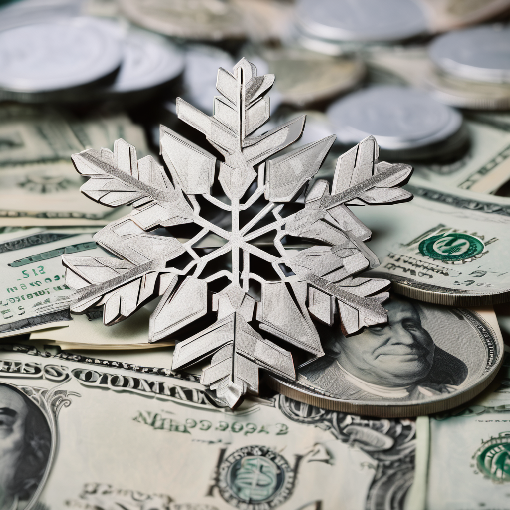 Silver Snowflake on top of hundred dollar bills, representing the cost of Snowflake.