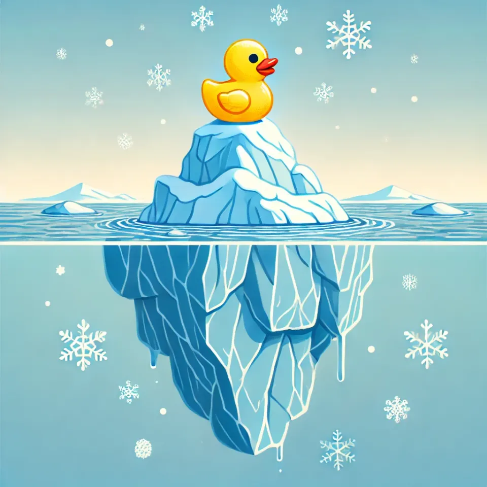 A rubber duck sitting on top of an iceberg.