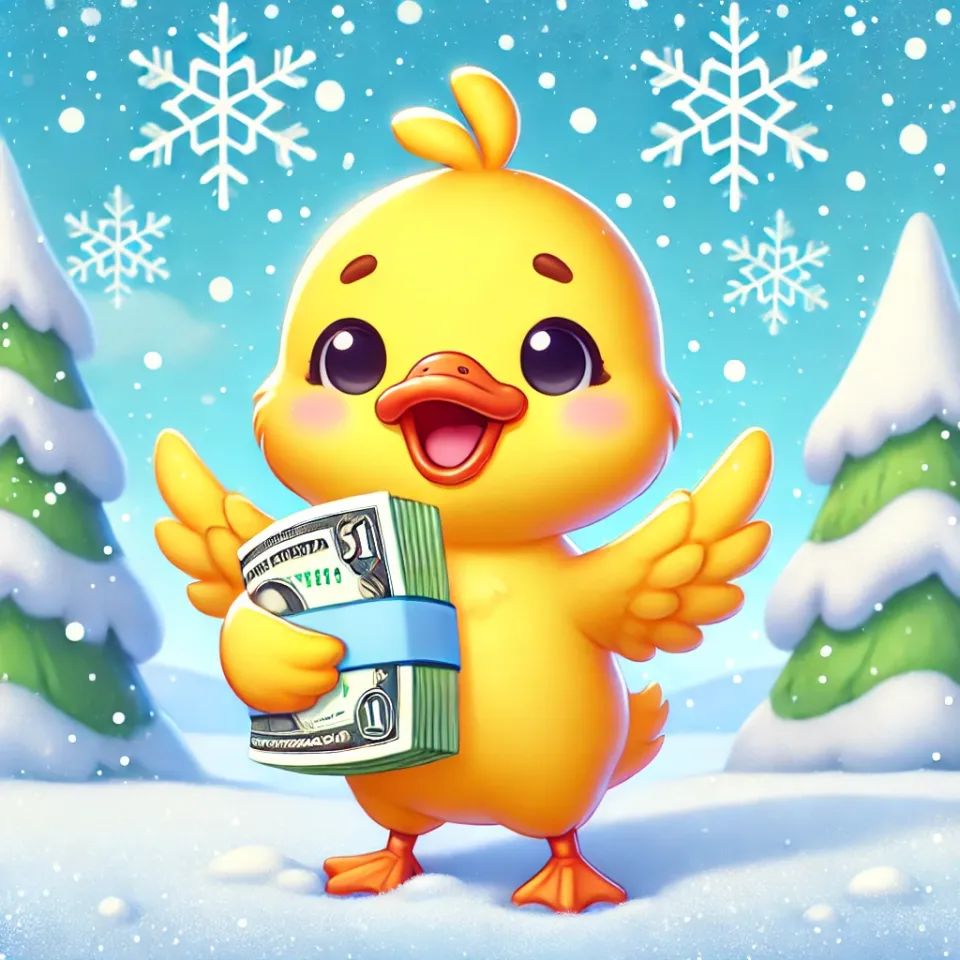 A duck holding money in the winter.